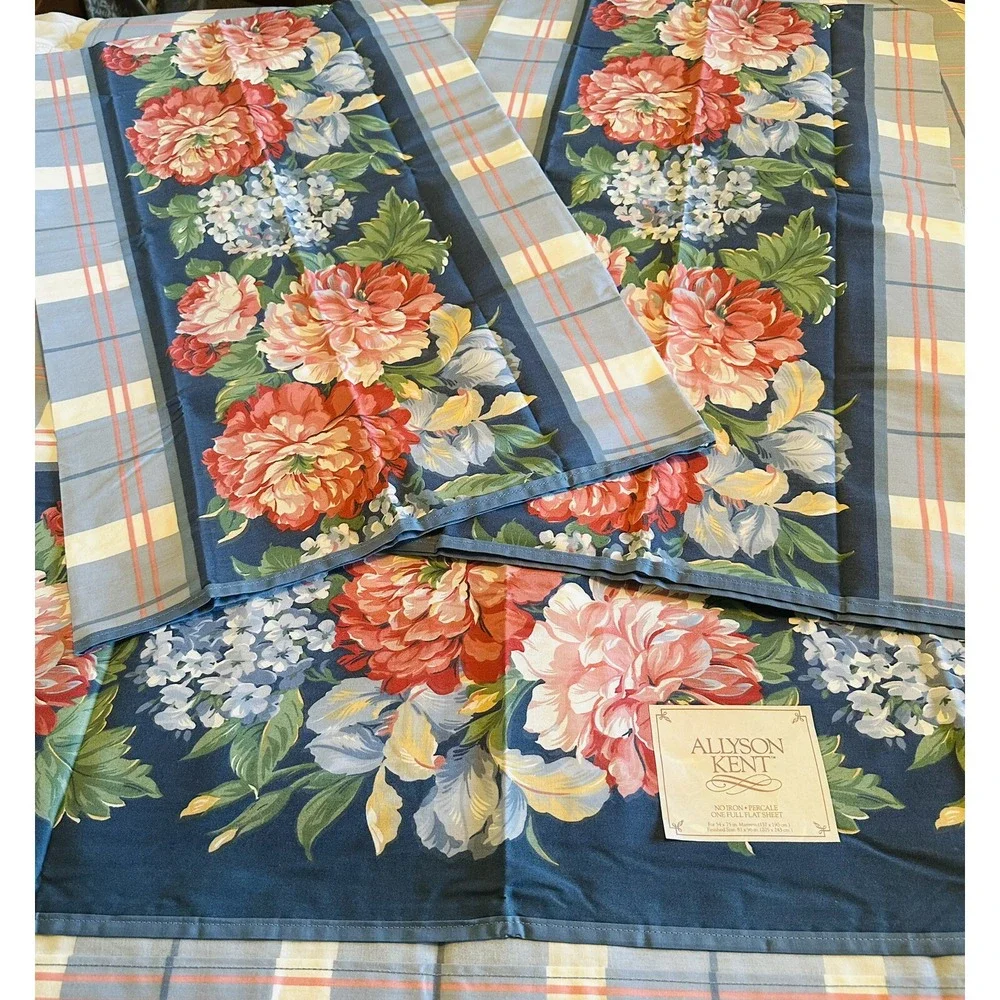 Vintage Allyson Kent Stevens Floral Cottage Garden Full Flat Sheet 2-Pillowcases